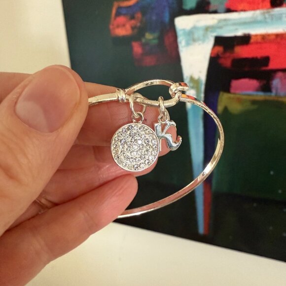 Silver Bangle Bracelet With Rhinestone Circle and K Charm - Picture 3 of 8